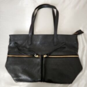 ⭐️ Jacky Celine Black Pebbled Leather Tote Bag‎ Gold Hardware Zipper Pockets
